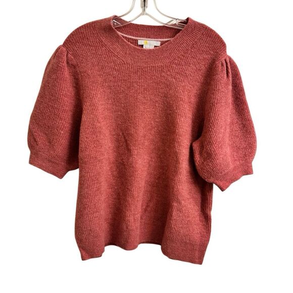 Boden Ribbed Fluffy Top Short Sleeve Puff Sleeve Sweater Red Pink Size Large - Picture 1 of 5